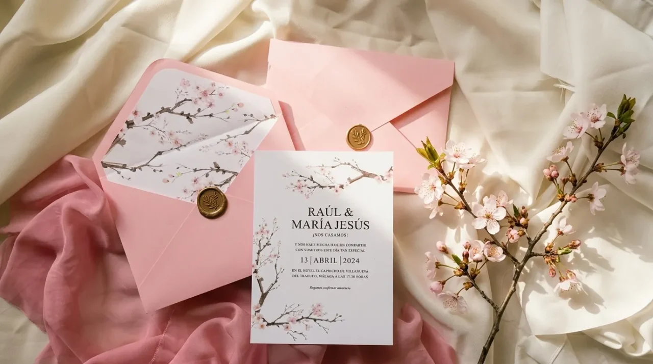 Invitación de boda Sakura con sobres rosa, sello de lacre y ramas de flores de cerezo