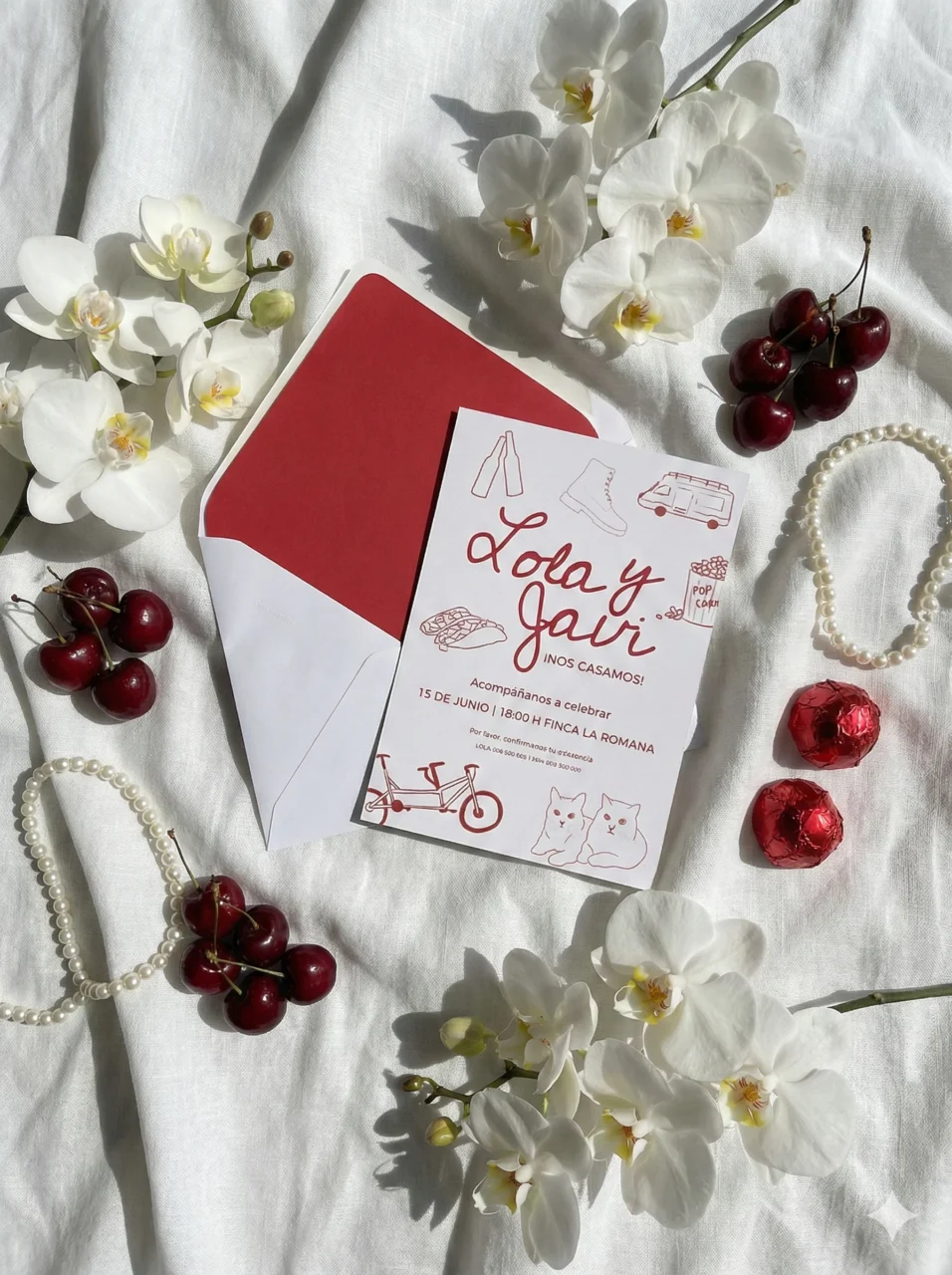 Invitación de boda Mon Cherry ilustrada y personalizada