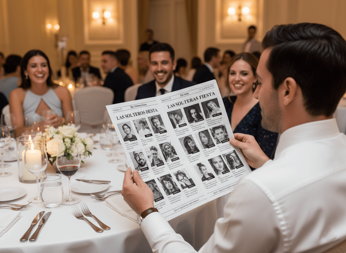 Invitados divirtiéndose con el periódico de boda