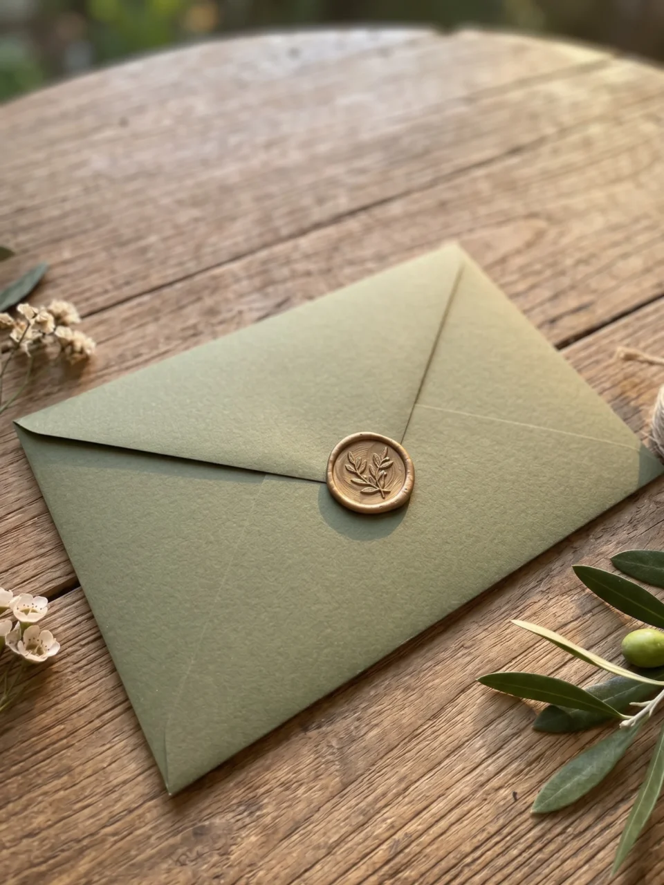Sobre verde con sello de lacre de las invitaciones de María y Tomasz, diseñadas por María e impresas por Pachanga Party Studio