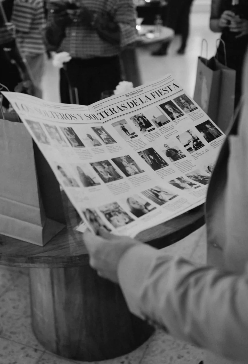 Persona leyendo la sección de solteros del periódico de boda durante la celebración