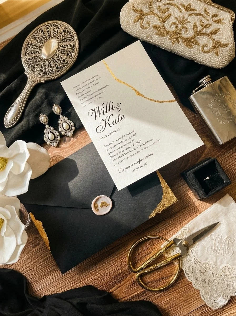 Invitación Willi y Kate con acabado dorado sobre fondo oscuro y accesorios de boda
